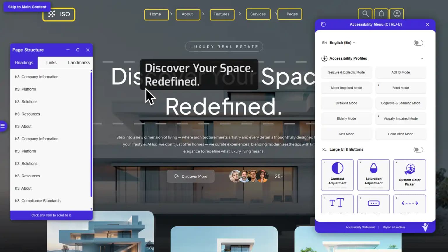 WelcomingWeb platform interface showing accessibility compliance tools and analytics dashboard